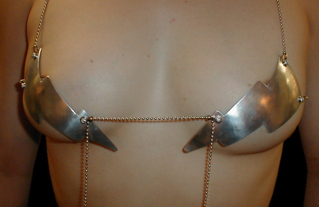 small lightning bolts - Small lightning bolt nipple covers with fine bead chain and hook straps.hand made for $75 by brooks coleman
e-mail me:
brooksdesign@mail.gbronline.com