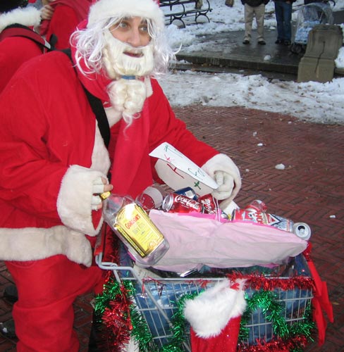 2005 at Santacon--- Homeless Santa with his secret Bar-Cart