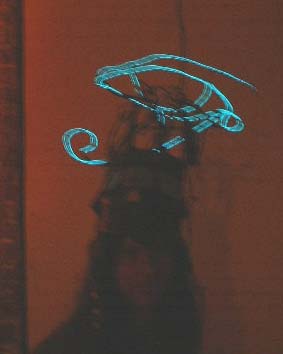 Electric Eye... - ... of Egyptian God Horus.  Electronic costume at NYC Burning Man Decompression Party, 11-17-01.