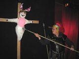 The Crucified Easter Bunny Pinata at the Horned Ball. She had condoms and little animals inside and we had two roman soldier outfits people could wear to torture the bunny.
